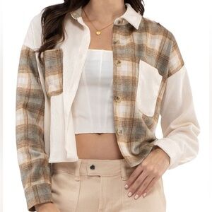 Blu Pepper Plaid Flannel and Corduroy Crop Shacket, Button Down Fall Shirt, L
